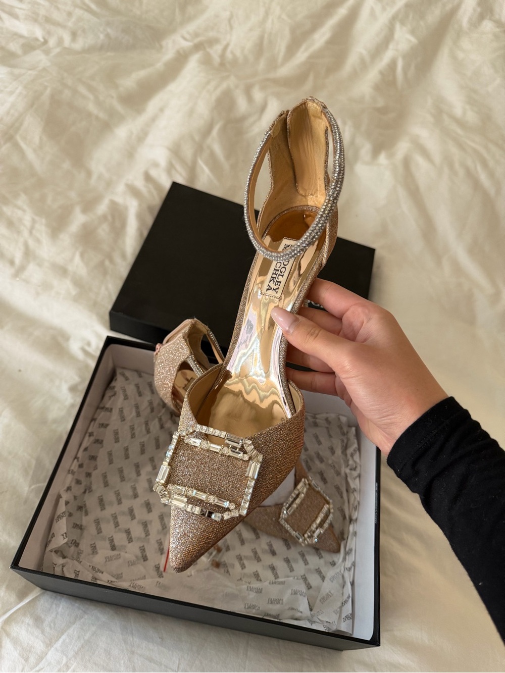 Badgley Mischka Embellished Gold Rhinestone Buckle Heels